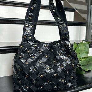 Laura Ashley, genuine, leather canvas, shoulder handbag purse, like new, brass